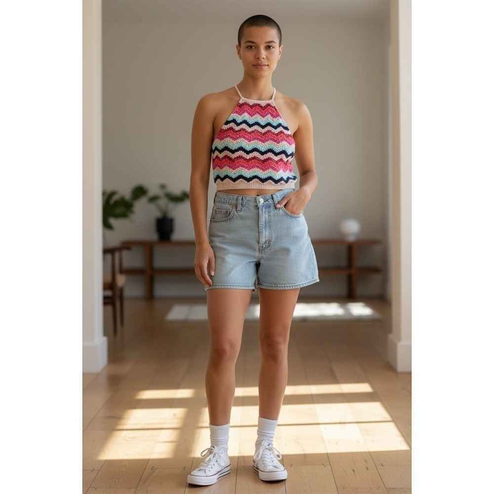 Altar’d State crochet Tank Top boho L rainbow Chevron Stripe Halter Lined crop